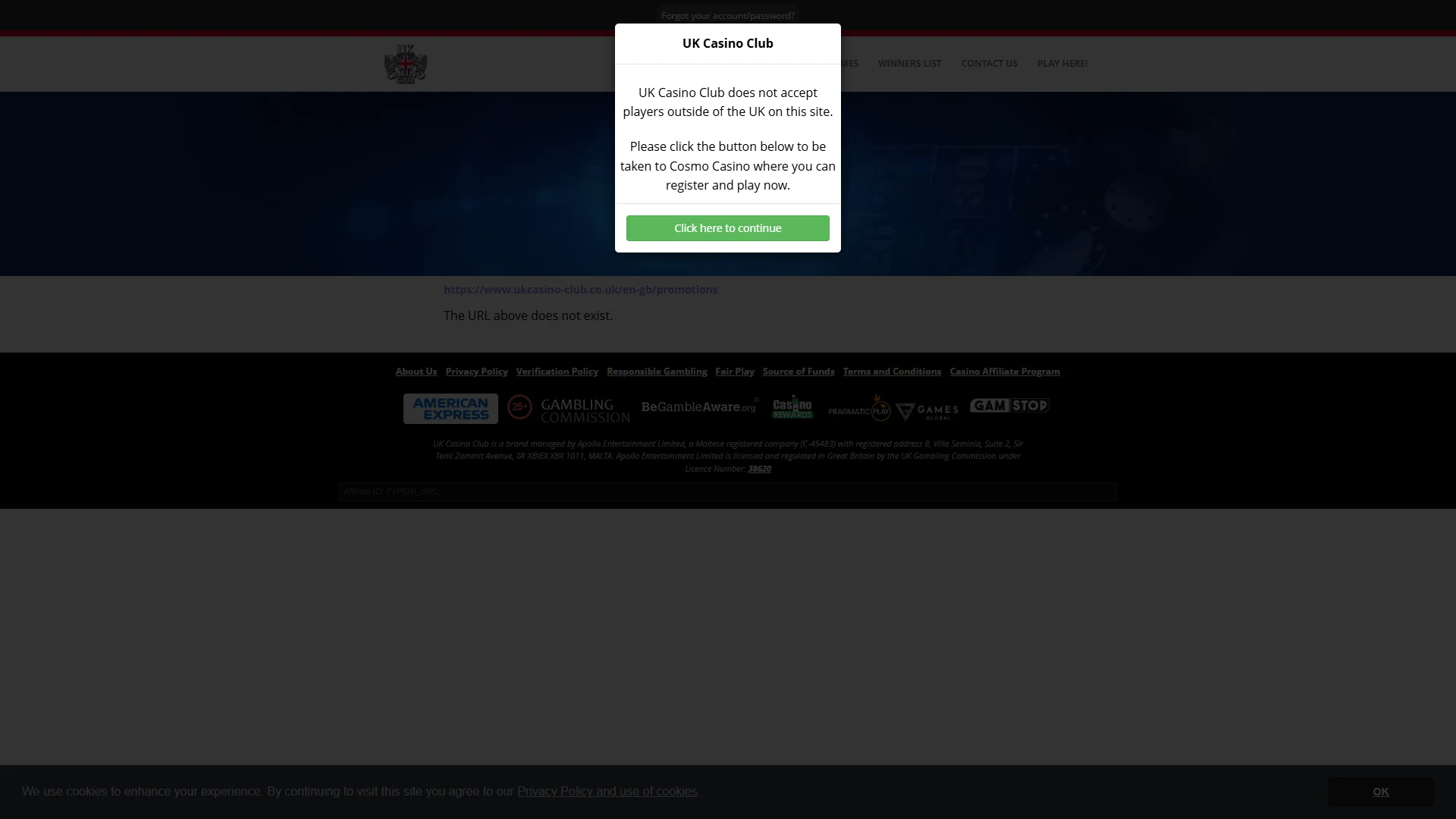 UK Casino Club promotions page